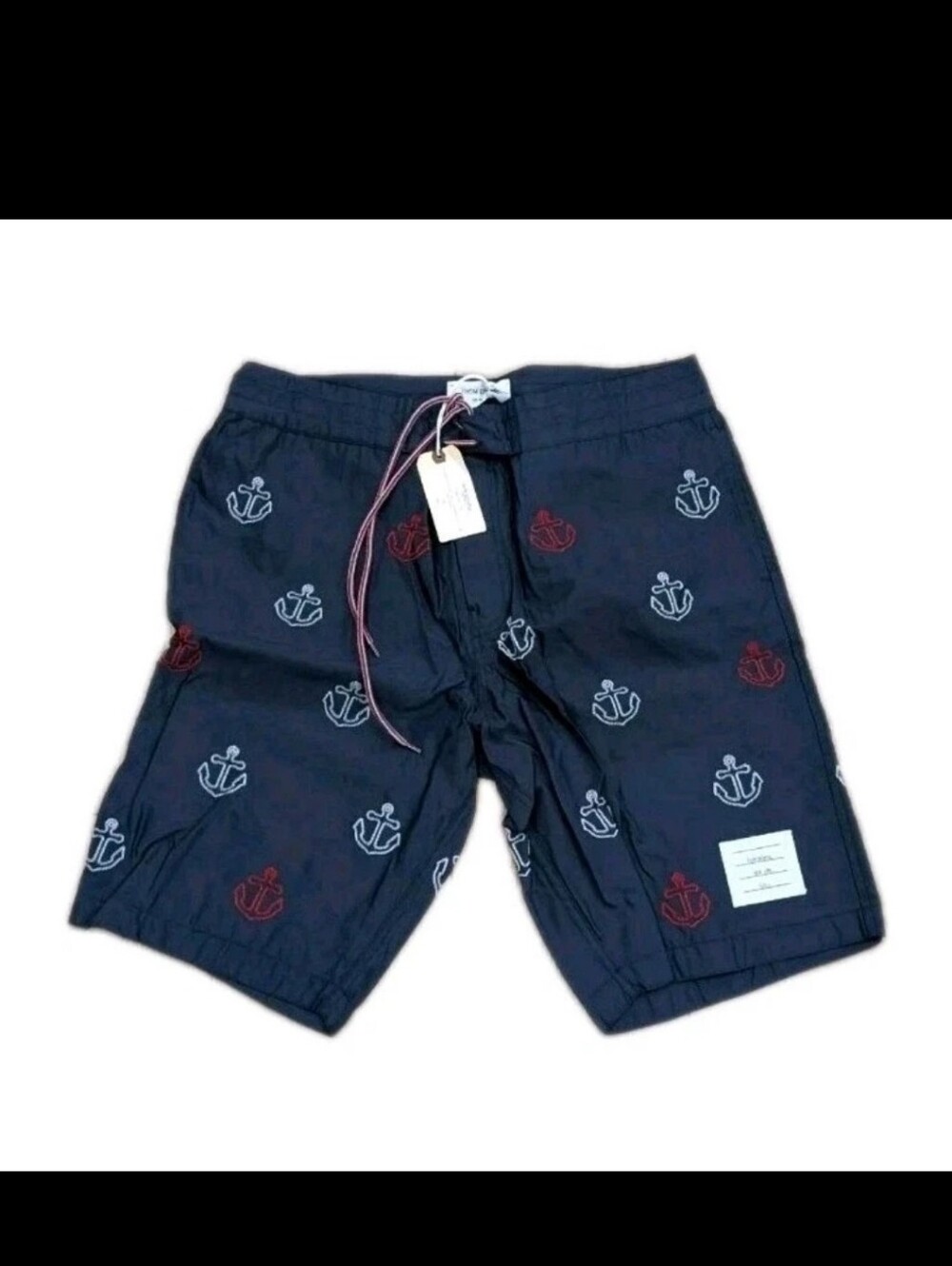 Thom Browne Navy Swim Shorts w/ Embroidered Red & White Anchor Motif - Medium 2